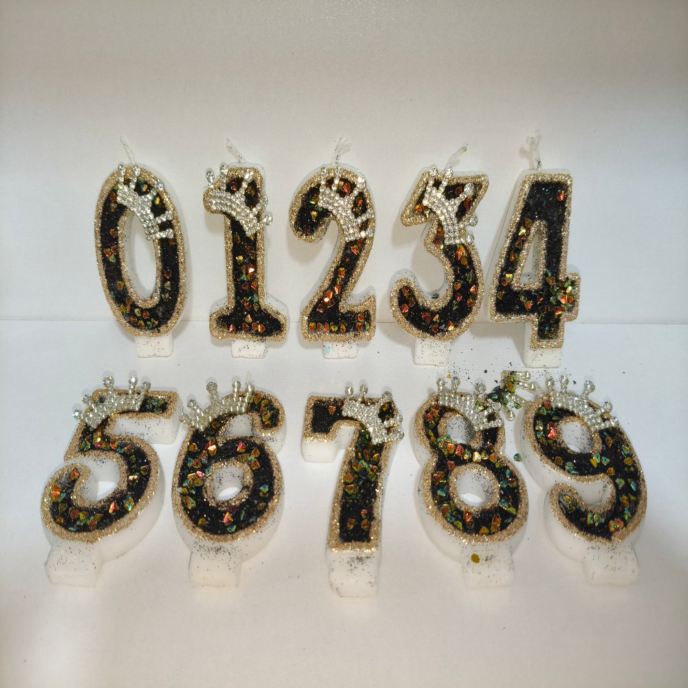 Number Birthday Candles Black & Gold Glitter Rhinestone Crown Number Candle